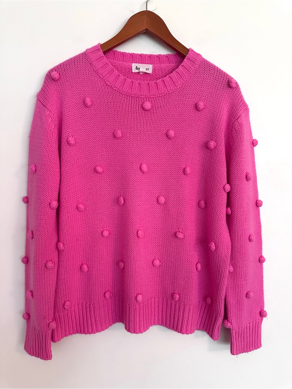 &merci Textured Pom-Pom Crewneck Sweater in Hot Pink Size Large